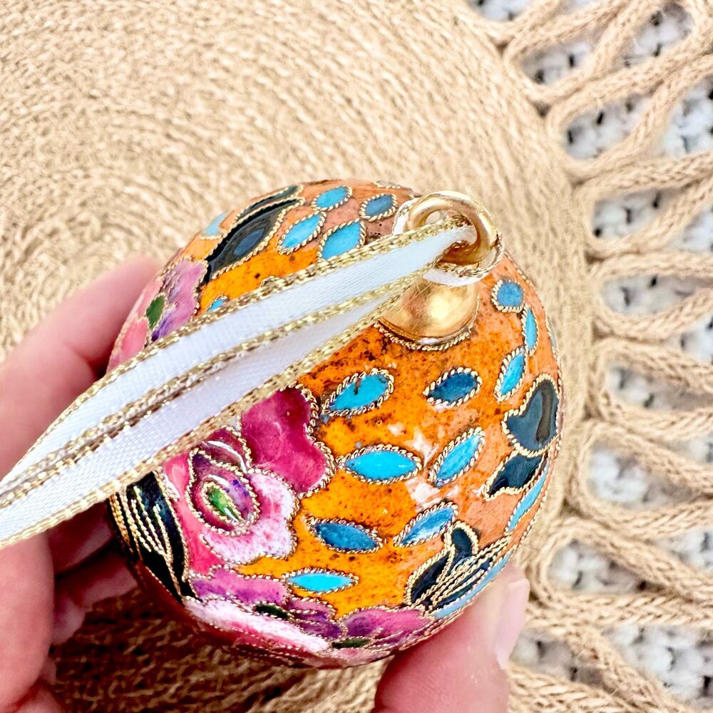 Vintage Orange Blue Pink Floral Cloisonne Egg Ornament Ornate Heavy Artsy - Picture 5 of 6